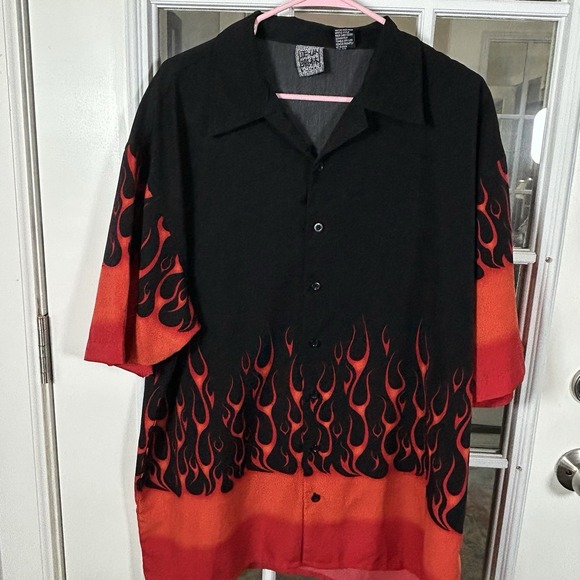Other - Authentic Shaolin Vintage Y2K Flame Print Camp Collar Button Up Shirt XL
